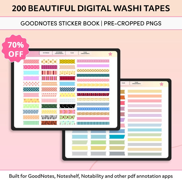 Pegatinas de cinta washi digital, estampados y lisos, cinta Washi GoodNotes, PNG recortados, pegatinas de iPad, pegatinas de planificador