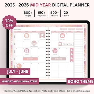 Boho 2025 2026 Digital Planner, Mid Year GoodNotes Planner, iPad Planner, Notability Planner, Daily Weekly Planner, Monthly Templates