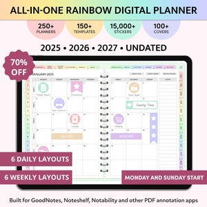 Planificador digital arcoíris 2025, 2026, 2027 (sin fecha), personalizable para iPad, con plantilla pastel de GoodNotes, para diario, semanal y mensual.
