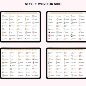 May include: Four digital screens with a grid of colorful icons and words. Each screen has a different category of icons, such as "Make Up", "Birthday", "Shopping", and "Maintenance".