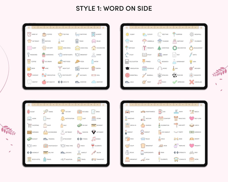 May include: Four digital screens with a grid of colorful icons and words. Each screen has a different category of icons, such as "Make Up", "Birthday", "Shopping", and "Maintenance".
