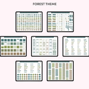 May include: Digital planner templates with a forest theme displayed on tablets. The templates include various design elements such as circles, arrows, boxes, and calendar layouts in shades of green, brown, and blue. The text "FOREST THEME" is at the top.
