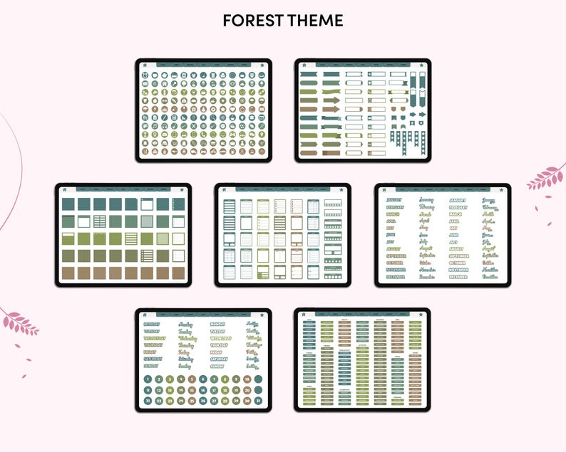 May include: Digital planner templates with a forest theme displayed on tablets. The templates include various design elements such as circles, arrows, boxes, and calendar layouts in shades of green, brown, and blue. The text "FOREST THEME" is at the top.