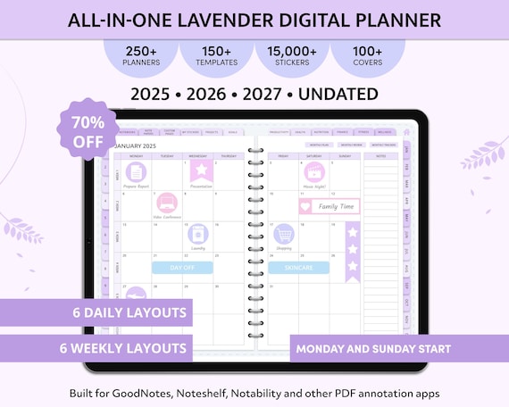 Lavender Digital Planner 2025, 2026, 2027, Undated, GoodNotes Planner, Purple iPad Planner, Custom Daily Planner, Weekly Planner, Template