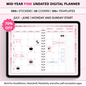 Mid Year Undated Digital Planner, GoodNotes Planner, iPad Planner, Notability Planner, Pink Digital Planner, Daily Planner, Weekly Planner