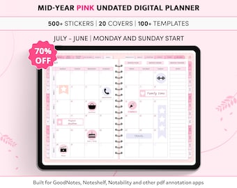 Mid Year Undated Digital Planner, GoodNotes Planner, iPad Planner, Notability Planner, Pink Digital Planner, Daily Planner, Weekly Planner