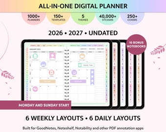 Digital Planner 2026, 2027, Undated, GoodNotes Planner, iPad Planner, Customizable Planner, Daily, Weekly, Monthly, GoodNotes Template