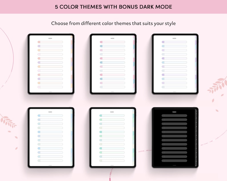 May include: Six digital planner templates for iPad, featuring five different color themes and a bonus dark mode. Each template has a simple design with a list of blank lines for notes.