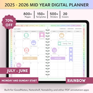 Rainbow 2025 2026 Mid Year Digital Planner, GoodNotes Planner, iPad Planner, Notability Planner, Pastel Daily Weekly Planning Kit, Template