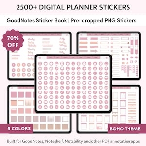 Peut inclure: Présentation de stickers numériques pour planificateur sur cinq tablettes. Les autocollants sont sur le thème boho et disponibles en cinq couleurs. Le texte indique "2500+ DIGITAL PLANNER STICKERS" et "70% OFF". Stickers PNG pré-découpés.