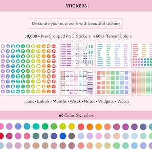 May include: A collection of over 30,000 pre-cropped PNG stickers in 60 different colors. The stickers include icons, labels, months, weeks, notes, widgets, and words. The image shows a variety of sticker designs, including circles, squares, and rectangles. The stickers are arranged in rows and columns, and each sticker has a different color and design.