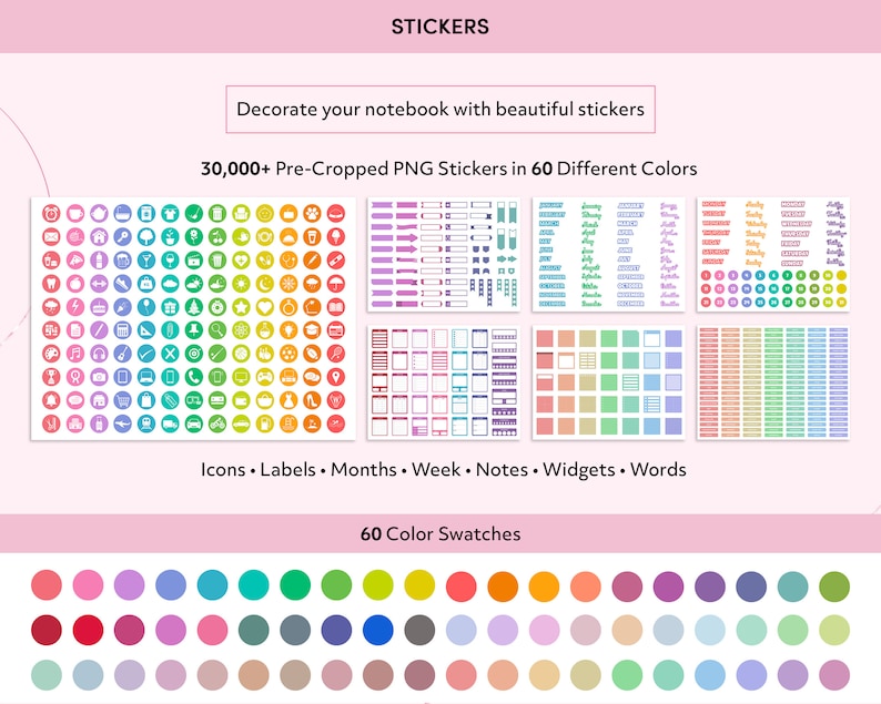 May include: A collection of over 30,000 pre-cropped PNG stickers in 60 different colors. The stickers include icons, labels, months, weeks, notes, widgets, and words. The image shows a variety of sticker designs, including circles, squares, and rectangles. The stickers are arranged in rows and columns, and each sticker has a different color and design.