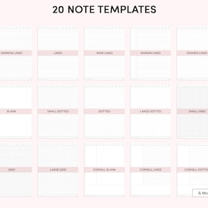 May include: Twenty different note templates, including lined, dotted, grid, and blank options. The templates are displayed on a light pink background.