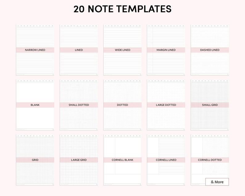 May include: Twenty different note templates, including lined, dotted, grid, and blank options. The templates are displayed on a light pink background.