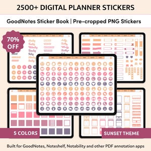 May include: Digital planner stickers in a sunset theme, shown on tablets. The image displays pre-cropped PNG stickers, including calendar elements, icons, and banners. The text indicates 2500+ stickers are available in 5 colours, with a 70% off promotion.