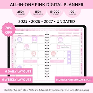 Planner digitale rosa 2025, 2026, 2027, senza data, grazioso planner per iPad, planner GoodNotes, planner personalizzabile, planner giornaliero, planner settimanale