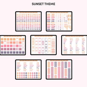 May include: Seven digital tablet screens displaying a sunset-themed digital planner. The screens showcase various elements, including circles, arrows, boxes, and calendar layouts, all in shades of pink, orange, and purple. The text "SUNSET THEME" is at the top.