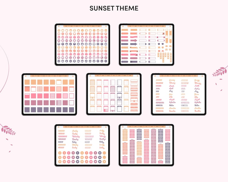 May include: Seven digital tablet screens displaying a sunset-themed digital planner. The screens showcase various elements, including circles, arrows, boxes, and calendar layouts, all in shades of pink, orange, and purple. The text "SUNSET THEME" is at the top.