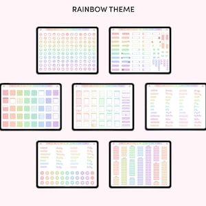 May include: Seven digital tablets displaying a rainbow theme. Each tablet shows different colorful digital stickers, icons, and text. The text "RAINBOW THEME" is at the top of the image. The background is a light pink.