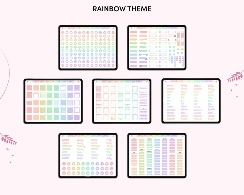 May include: Seven digital tablets displaying a rainbow theme. Each tablet shows different colorful digital stickers, icons, and text. The text "RAINBOW THEME" is at the top of the image. The background is a light pink.