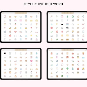May include: Four digital screens displaying a variety of colorful icons. The screens are labeled "STYLE 3: WITHOUT WORD".