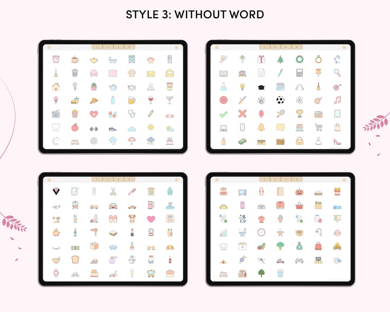 May include: Four digital screens displaying a variety of colorful icons. The screens are labeled "STYLE 3: WITHOUT WORD".