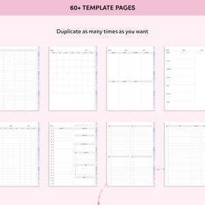 May include: A set of printable planner pages with different layouts, including a calendar, a daily schedule, a to-do list, and a notes page. The pages are designed to be duplicated as many times as needed.  The text "60+ TEMPLATE PAGES" and "Duplicate as many times as you want" is visible at the top of the image.