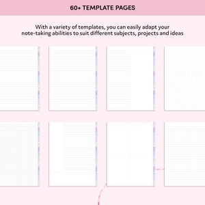 May include: A collection of 60+ printable notebook pages with different layouts, including lined, grid, and blank pages.  The pages are designed for note-taking and can be used for a variety of subjects, projects, and ideas.