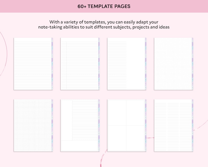 May include: A collection of 60+ printable notebook pages with different layouts, including lined, grid, and blank pages.  The pages are designed for note-taking and can be used for a variety of subjects, projects, and ideas.