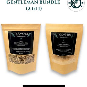 May include: Two pouches of Tsavori Gentleman Bundle (2 in 1) products. One pouch contains Gentleman Tea, the other Maca Root. Both pouches are in a tan colour with black labels and the word "Organic" is visible.