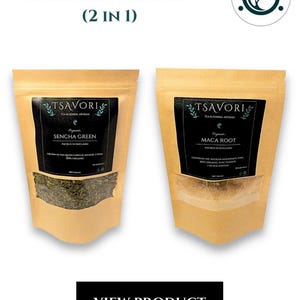 May include: Image of an 'Energise Bundle' with two kraft paper pouches. One pouch contains Sencha Green tea, the other Maca Root powder. Both have black labels with white text and the 'Tsavori' logo. An 'Organic' seal is also visible. The text 'View Product' is at the bottom.