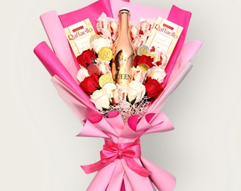 Edible bouquet - Queen - Red sparkling wine - Raffaello - Soap roses