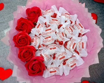 Edible bouquet - Handmade personalized gift for men, women. Bouquet of chocolates, Raffaello, soap roses