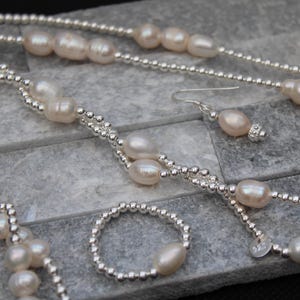 Sterling Silver Pearl Jewellery Set, Handmade Necklace Bracelet Anklet Earrings Ring