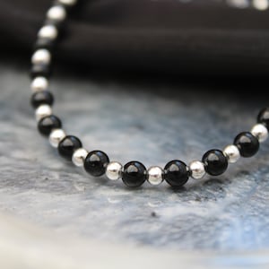Sterling Silver and Onyx Bracelet Jewellery Set Genuine S925 Black Onyx Healing Crystal Bracelet Stretch Band Stackable Custom Size Gift XL