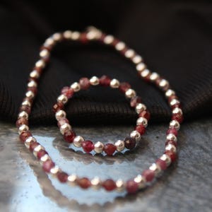 Sterling Silver Faceted Ruby Beaded Bracelet Ring Set, July Birthstone, Stretch Band