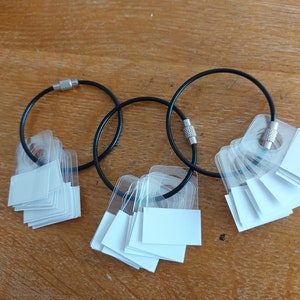 May include: Three black key rings with clear plastic tags and white labels attached. The labels are blank and can be used for labelling keys.