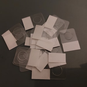 May include: A pile of clear plastic price tag holders with white paper inserts. The holders have a round hole in the centre.
