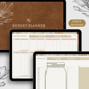 May include: A digital budget planner template with a brown leather background. The template includes sections for tracking income, expenses, savings, investments, and sinking funds. There is also a section for a saving jar with a visual representation of a glass jar.