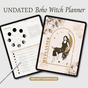 Könnte beinhalten: Ein digitaler Planer mit einem Boho-Hexen-Thema. Das Cover zeigt eine Frau, die auf einem zunehmenden Mond sitzt, mit Sternen und floralen Akzenten. Der Text "MY PLANNER" ist vertikal auf dem Cover geschrieben. Der Planer ist zum sofortigen Download verfügbar.