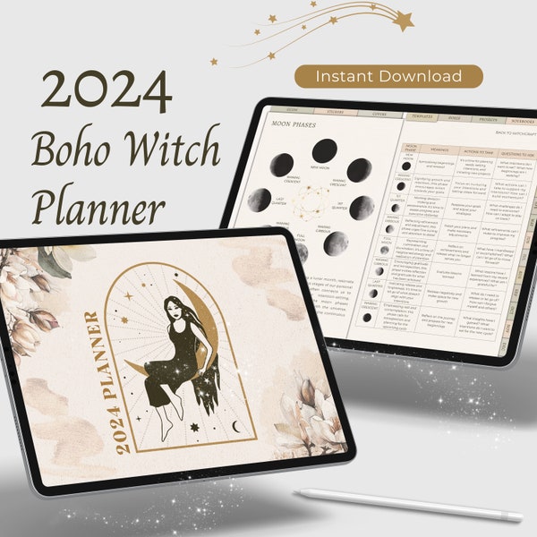 2024 digital witchy planner, goth journal, GoodNotes Notability iPad dated planner, tarot journal, dream journal, boho modern witch planner