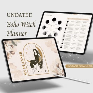 Könnte beinhalten: Ein digitaler Planer mit dem Text "UNDATED Boho Witch Planner" und einer Grafik einer Frau, die auf einem zunehmenden Mond mit Sternen und einem floralen Hintergrund sitzt. Der Text "MY PLANNER" ist ebenfalls auf dem Planer sichtbar.