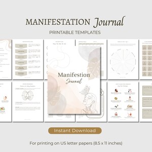 May include: A collection of printable templates for a manifestation journal. The cover features the words "Manifestation Journal" with a line drawing of a woman and a butterfly. The templates include sections for manifestation flow, monthly planner, and more.