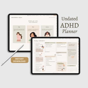 Puede incluir: Descarga digital de un planificador ADHD sin fecha con un fondo marrón claro e ilustraciones de personas. El planificador incluye secciones para "Recentrar y enfocar", "Cuerpo", "Mente", "Emociones", "Logros", "Por hacer", "Limpiar", "Rutina matutina", "Rutina vespertina", "Gratitud", "Confío en mis habilidades y talentos", "Cosas por las que estoy agradecido", "Mes actual", "Calendario".