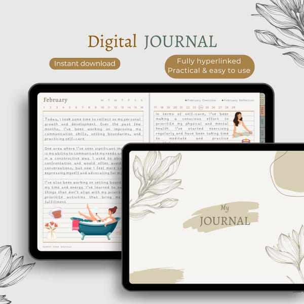 Cyfrowy dziennik z hiperłączami: minimalistyczny, pastelowy notatnik kwiatowy na iPada (do pobrania w wersji cyfrowej)