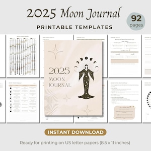 Dziennik księżycowy 2025 do druku, Kalendarz księżycowy 2025, dziennik czarownicy grimoire, planer astrologii zodiakalnej księżyca, księga cieni, dziennik faz księżyca