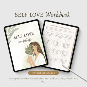 May include: A digital self-love workbook with a green leaf illustration on the cover. The workbook includes prompts and exercises to help you practice self-love. The text on the cover reads "SELF-LOVE workbook".