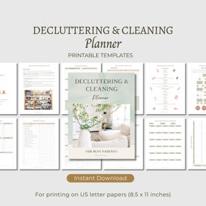 May include: A printable decluttering and cleaning planner for busy parents. The cover features a green plant in a white vase and a light-colored living room. The planner includes checklists, charts, and other printable templates to help organize and declutter your home.