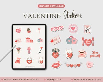 Digital Valentine stickers, GoodNotes stickers, pre-cut PNG, iPad stickers, aesthetic stickers, Kawaii stickers, Valentine scrapbook decor