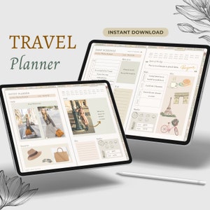 May include: A digital planner template for travel planning with a light brown background. The planner includes sections for daily schedule, outfit planner, and notes. The image shows a page with a daily schedule for Paris, France, with a quote about Paris being a good idea. The outfit planner section shows two outfits with accessories. The weather section shows a sun icon and a cloud icon.